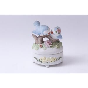 Two Birds, Couple, Ceramic, Oval Box, Floral Pattern, White, 4" Tall, Jewelry,